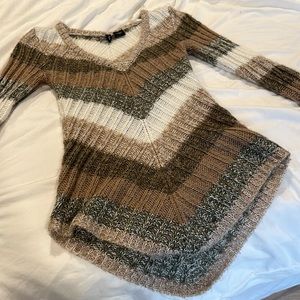 gray brown white striped sweater v neck